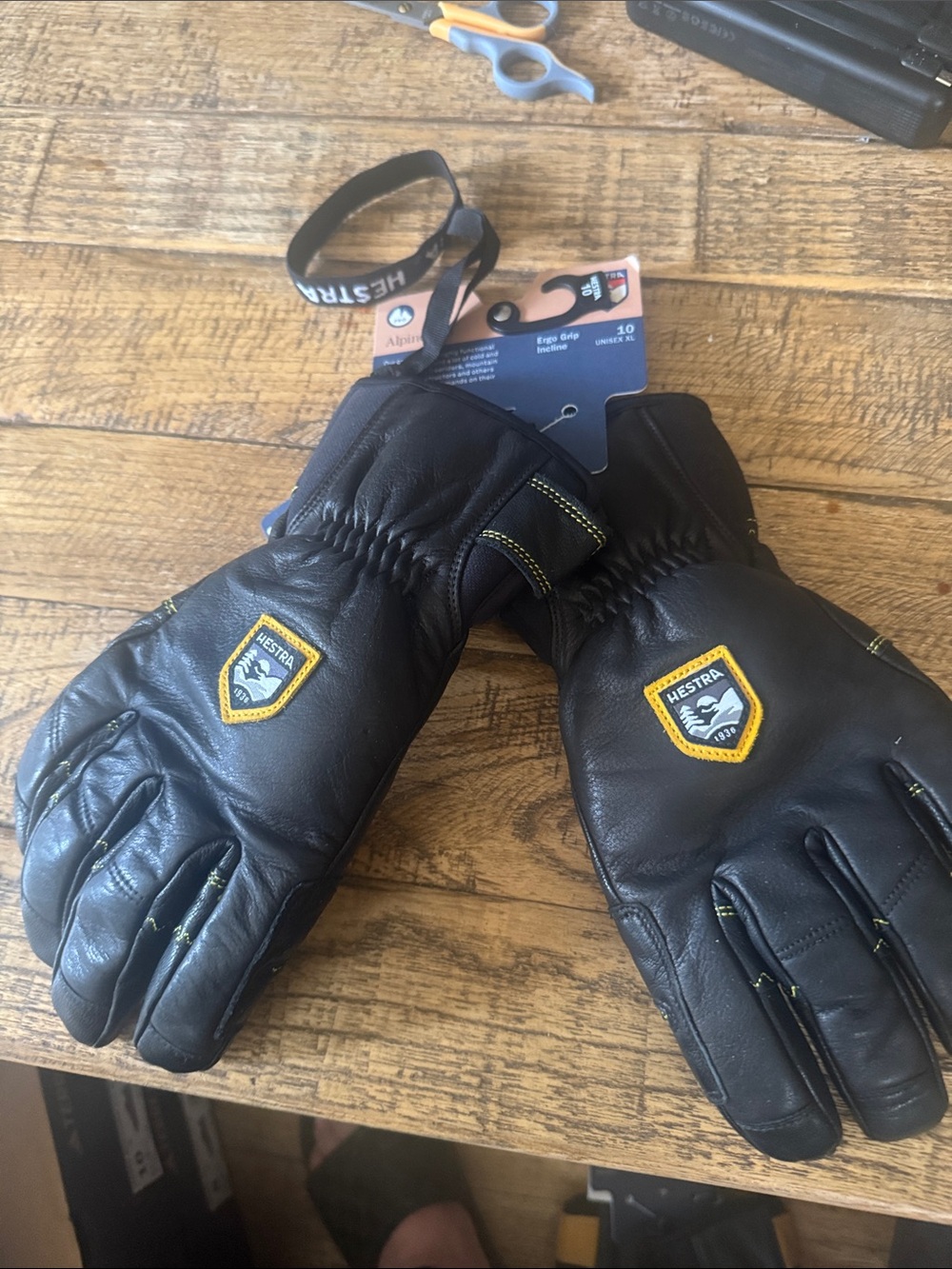 Hestra Black Leather Men's Winter Gloves with Yellow Trim